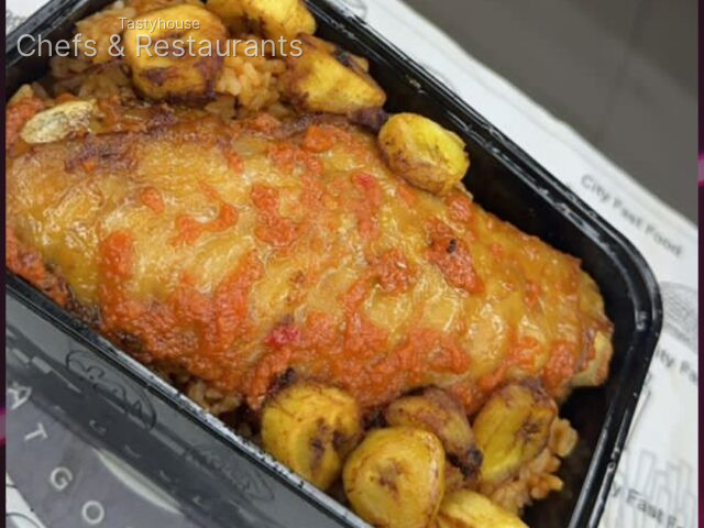 smokey jollof rice with turkey and plantain