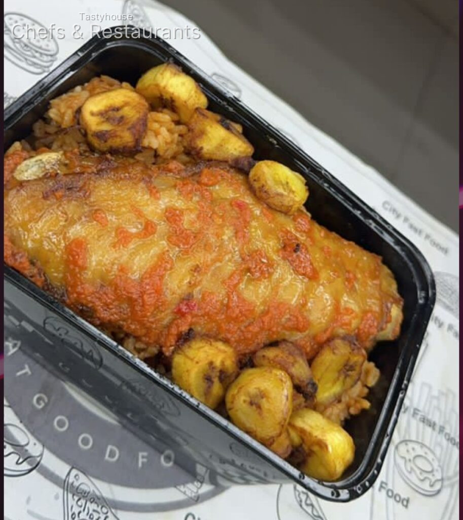 smokey jollof rice with turkey and plantain