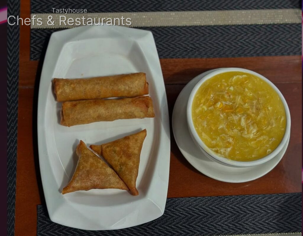 Sweet corn soup, Samosa, prawn spring roll