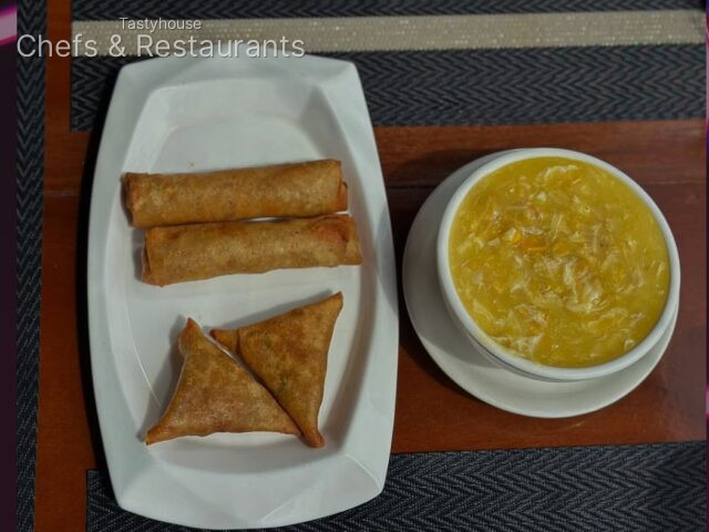 Sweet corn soup, Samosa, prawn spring roll