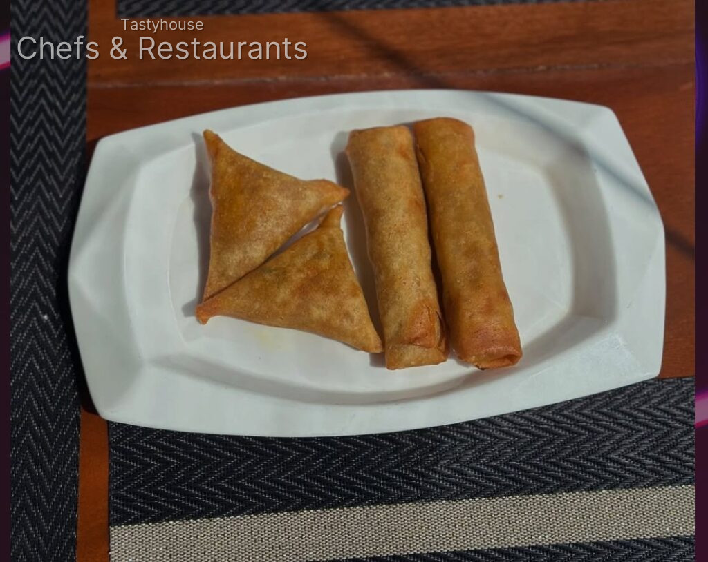 Sweet corn soup, Samosa, prawn spring roll