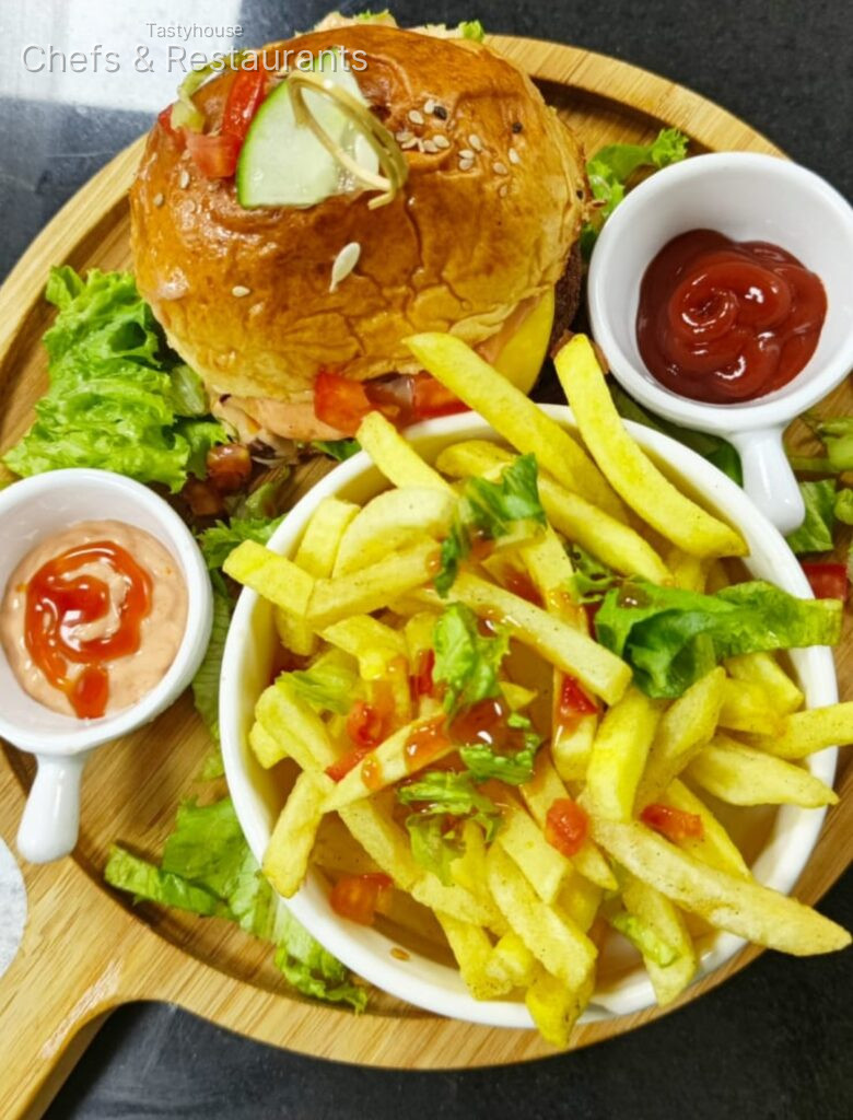 Classic chicken burger with fries