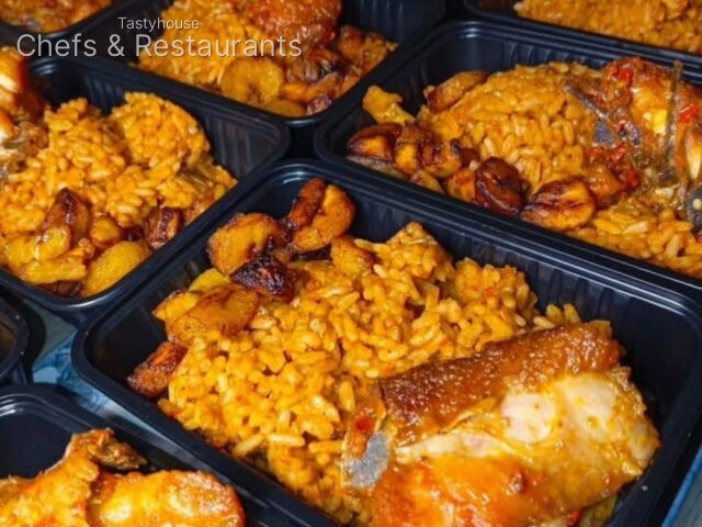 Mix jollof and fried rice + chicken + plantain + drink