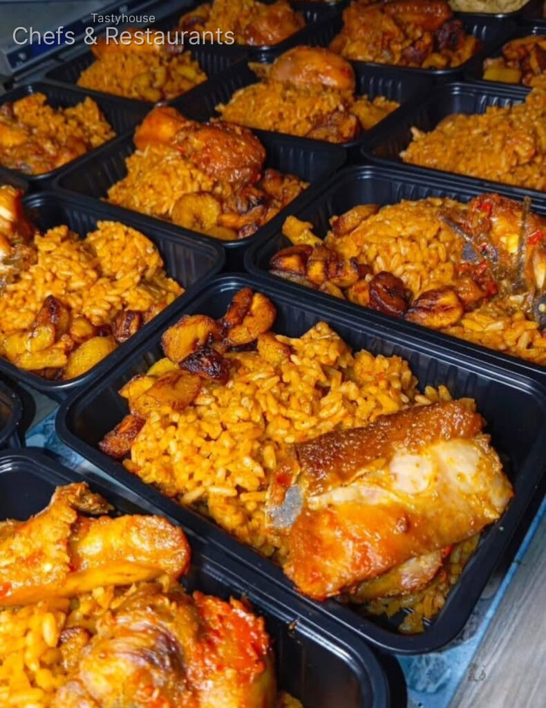 Mix jollof and fried rice + chicken + plantain + drink