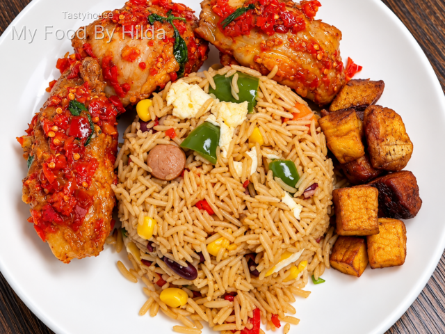 Turkey Rice, served with spicy Turkey Chops and sweet Dodo