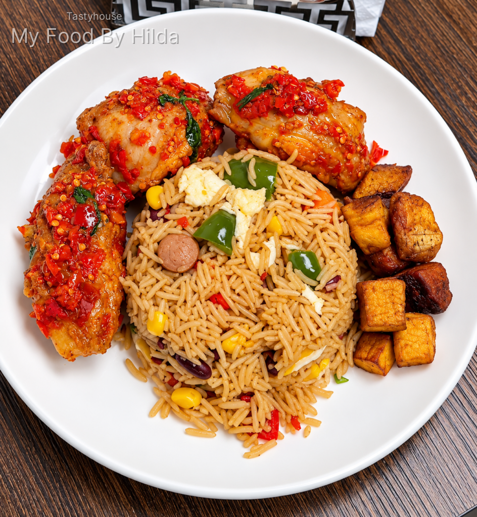 Turkey Rice, served with spicy Turkey Chops and sweet Dodo