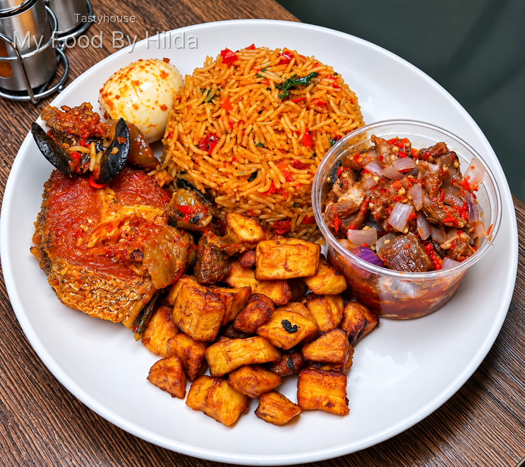 Jollof Rice, Fish, Plantain