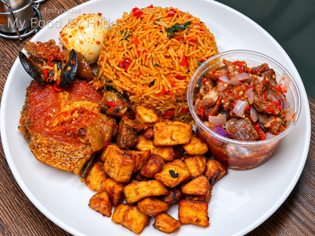 Jollof Rice, Fish, Plantain
