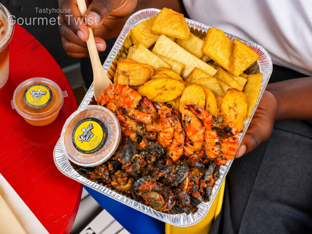 Fried Yam, Plantain & Prawns