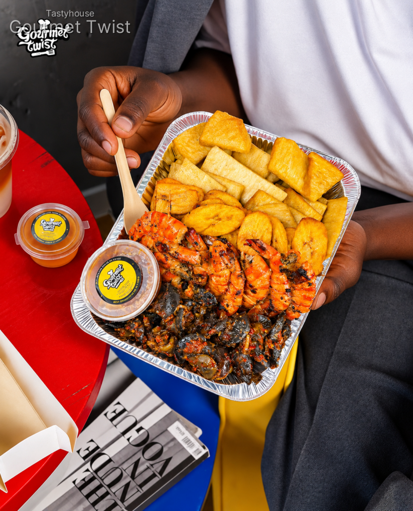 Fried Yam, Plantain & Prawns