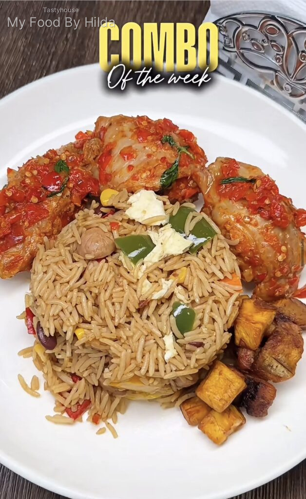 Turkey Rice, served with spicy Turkey Chops and sweet Dodo
