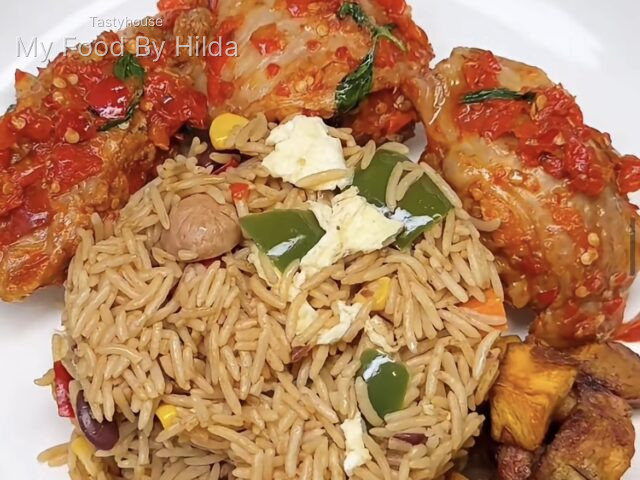 Turkey Rice, served with spicy Turkey Chops and sweet Dodo