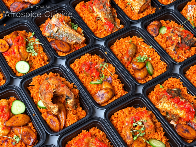 Jollof Rice & Fish, Chicken, Plaintain