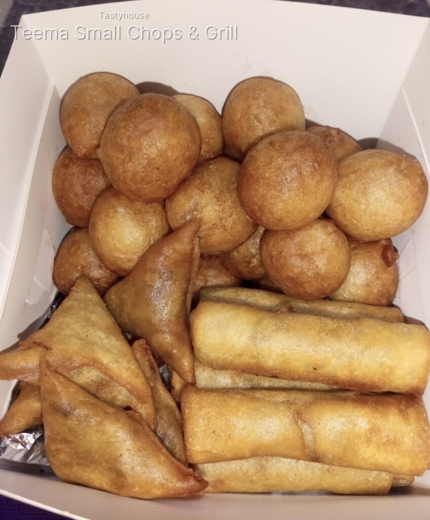 10 samosa, 10 spring rolls and 20puffs